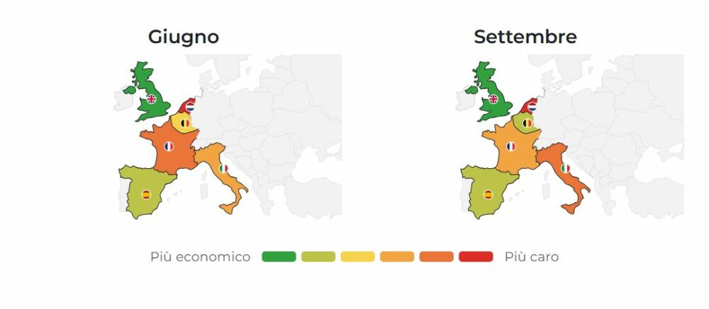 Mappe dell'Europa che confrontano i livelli di prezzo medio del caffè a Giugno e Settembre, dal più economico (verde) al più caro (rosso).